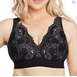 Glamorise 7013 Lace Full Coverage Bralette Black Wireless Comfort Bra 34F NWT